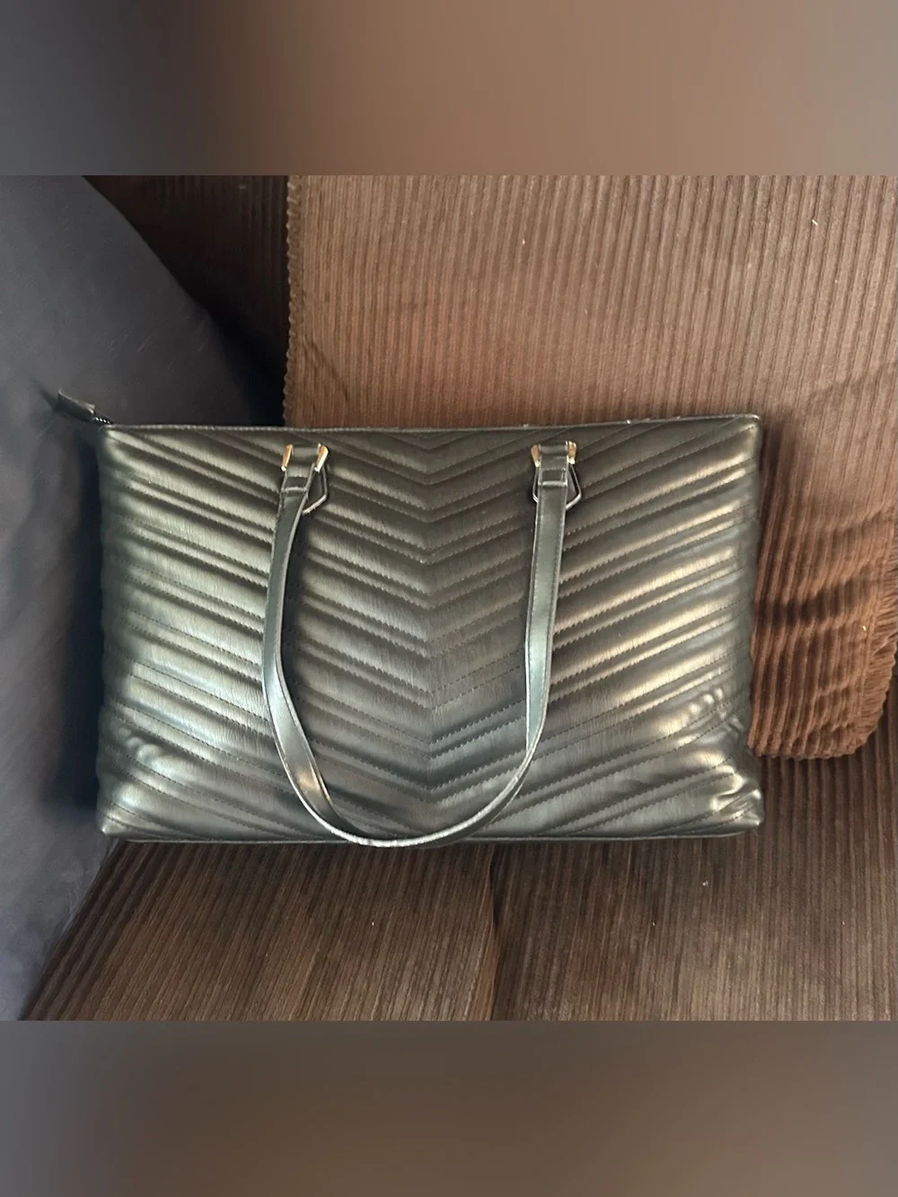 BADGLEY MISCHKA Black Chevron Quilted Leather Tote Laptop Bag w/Gold-Plated Logo